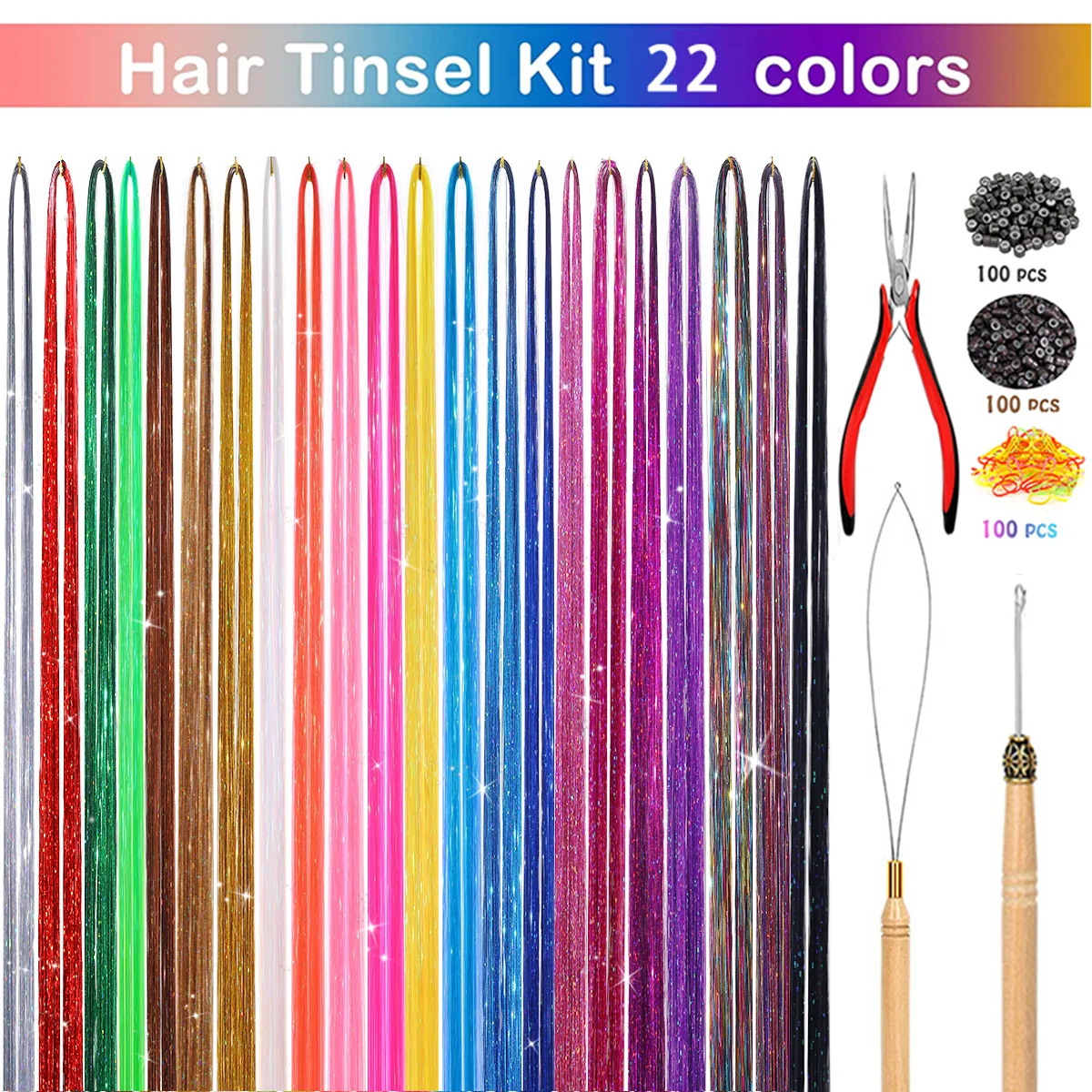 

46 inch Synthetic Sparkle Hair Tinsel Rainbow Colored Strands Girls Headwear Hairbinge Hair Laser False Hair Extensions 22 color