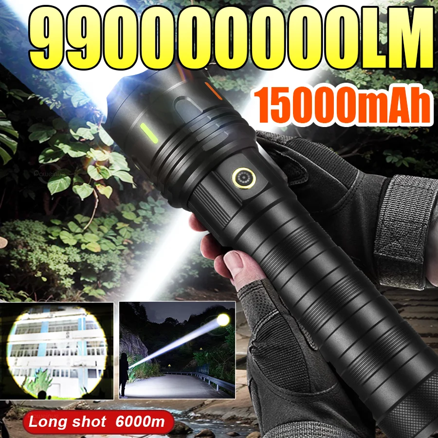 2025 15000mAh Super Big Flashlight USB Rechargeable 6000M Most Strong LED FlashLight Long Range Torch Outdoor Camping Lantern