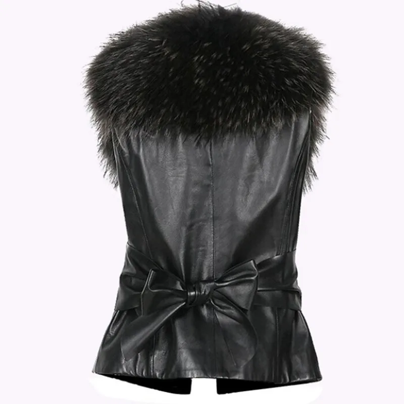 SUSOLA Women Leather Faux Fur Coat Lady Winter Jacket Coat Women Casual Sleeveless Faux Fox Fur Collar Vest Winter