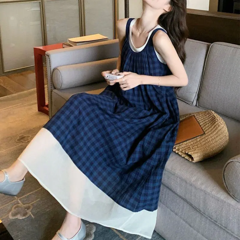 

Mori Girl Style Vintage Plaid Sundress Summer Casual Round Neck Loose Women's Sleeveless Stylish A-Line Patchwork Long Dress New
