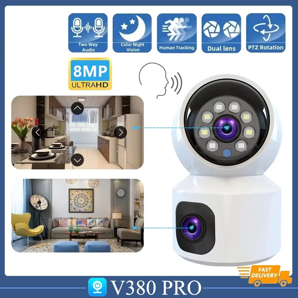 Câmera 8MP 4K 4G Tela Dupla Câmeras de segurança para casa inteligente Câmera interna CCTV 4G Monitores de bebê sem fio inteligentes