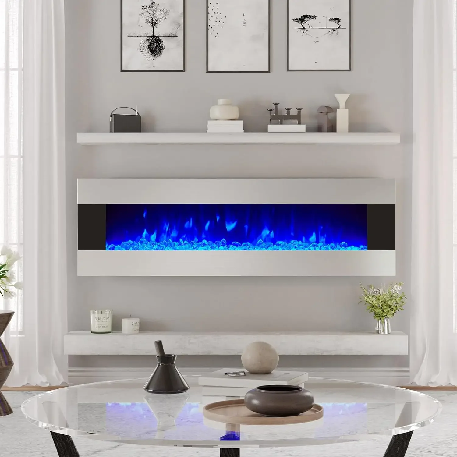 60" Wall Mount Electric Fireplace, Stainless Steel Wall Hanging Fireplace with Remote, 6 Color 5 Brightness Log & Crystal Flame