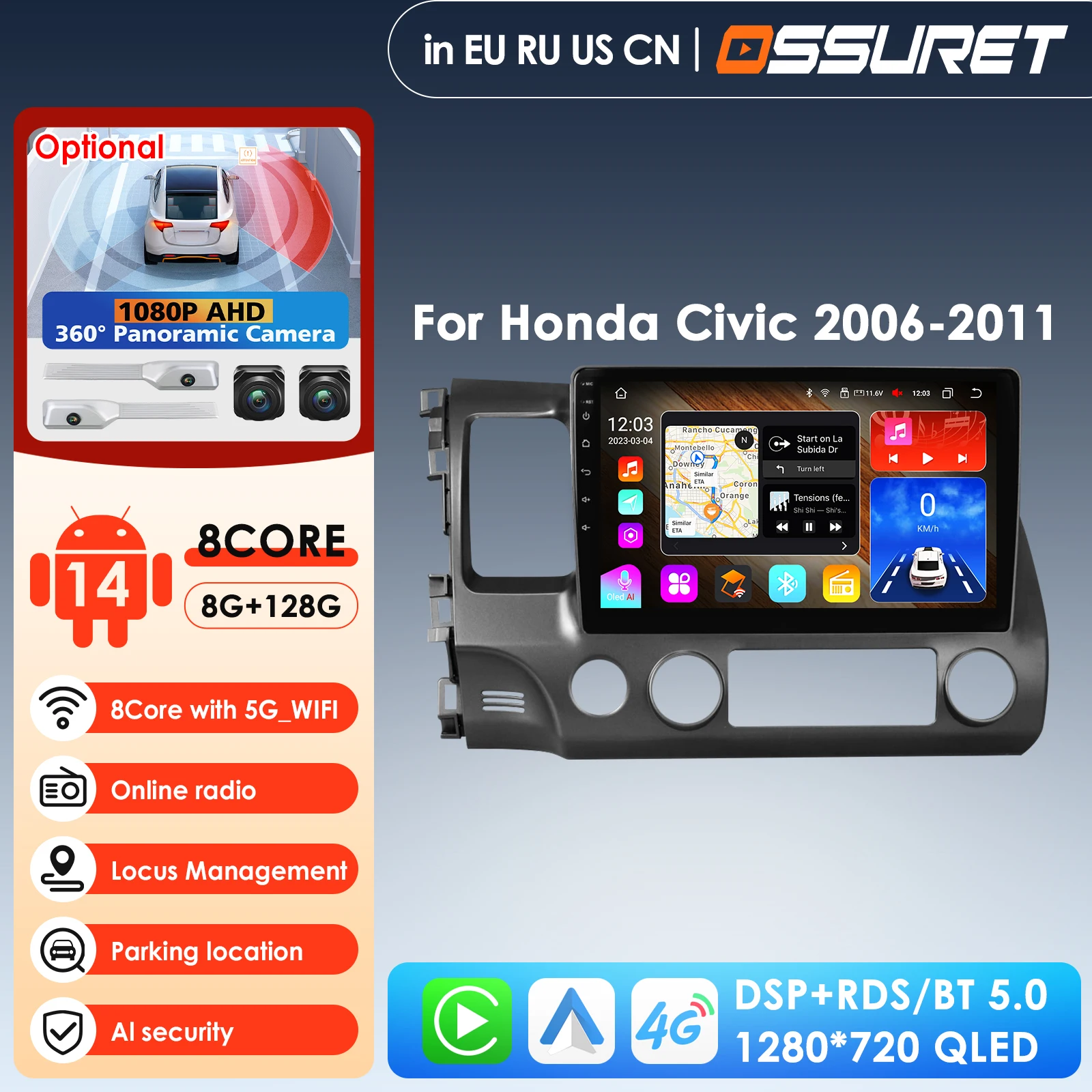 

9inch Car Intelligent Screen Auto Radio for Honda Civic 8 2006 - 2011 Car Multimedia Player Stereo CarPlay 4G GPS Navigation AI
