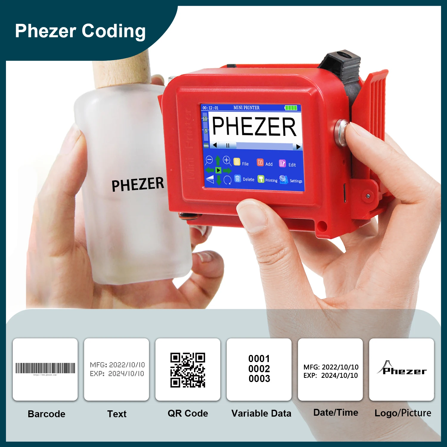 

Phezer 12,7 мм, красный PC11plus, мини-портативный струйный принтер, 28 языков, QR-бар, код партии, дата, номер, логотип, текстовый логотип