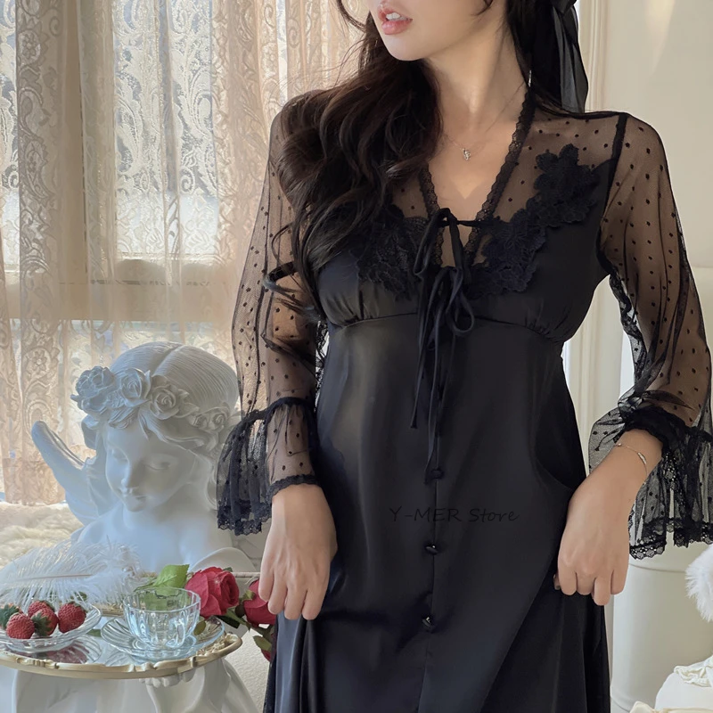 Sexy Mesh Kanten Nachthemd Franse Prinses Badjas Elegante Nachtkleding Lange Zijden Satijnen Nachthemden Zomer Nieuw Lingerie Sleepshirt