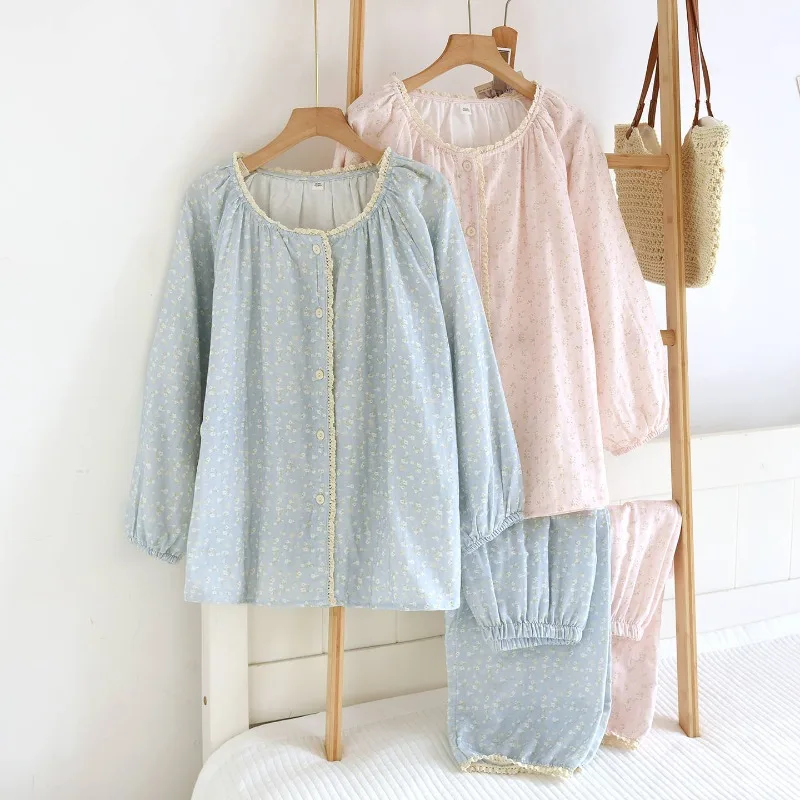 Sweet Women Muslin Cotton Sleepwear Wash Softer Romantic Floral Lace Trim Gathered Neck Long Sleeve Elastic Cuff PJs Home Wear