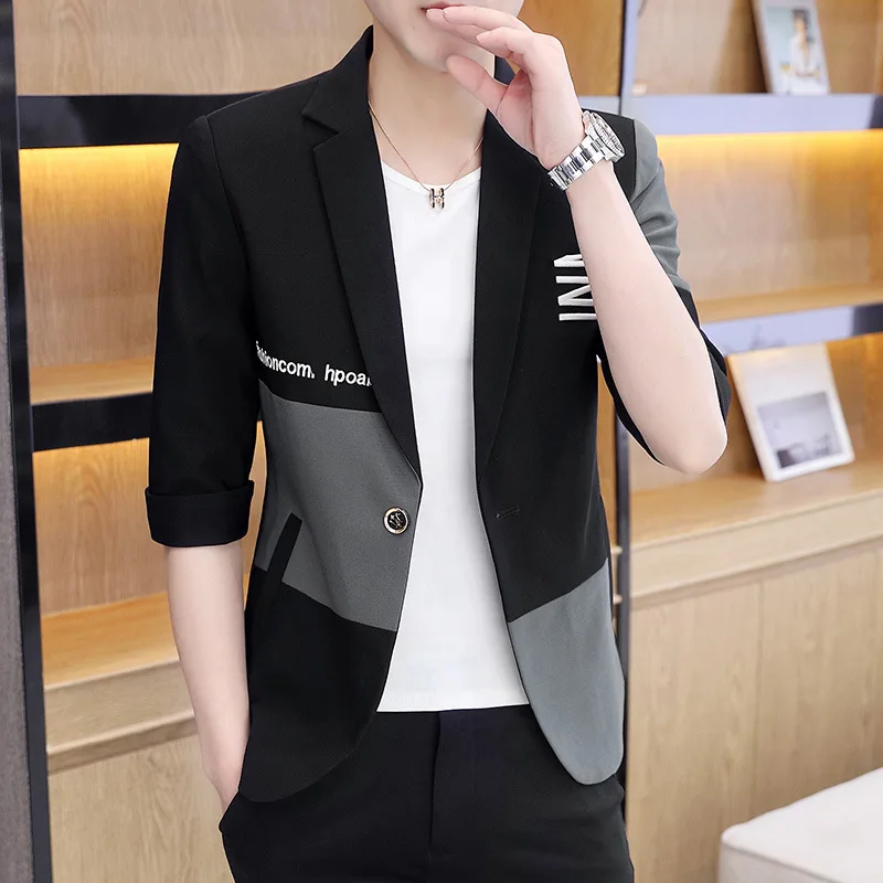 1-A17  Summer Seven-Sleeve Suit Jacket Men's Mid-Sleeve Small Suit Fashionableme Casual Color-block Short-sleeve Top Clothes