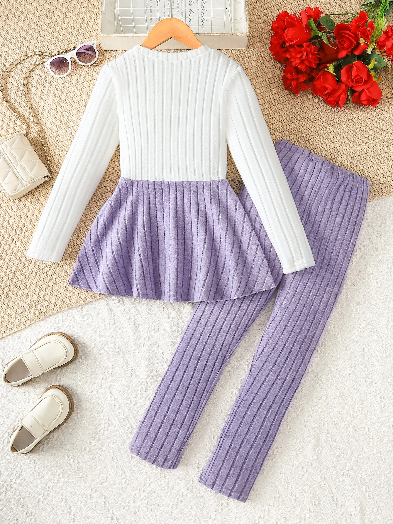2Pcs Autumn Winter Big Girls Outfit,3D Bow Decor Ribbed Skirted Long Sleeve Top & Purple Vertical Stripe Pants,Elegant Sweet Kid