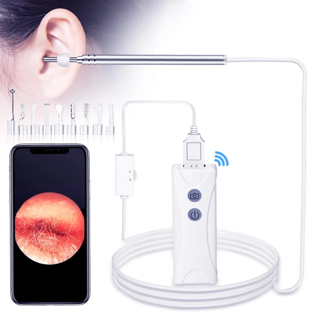 

WiFi Otoscope 3.9MM 2MP HD USB Endoscope Wireless Ear Cleaning Examination Camera and 6 LED Lights for iPhone, Android