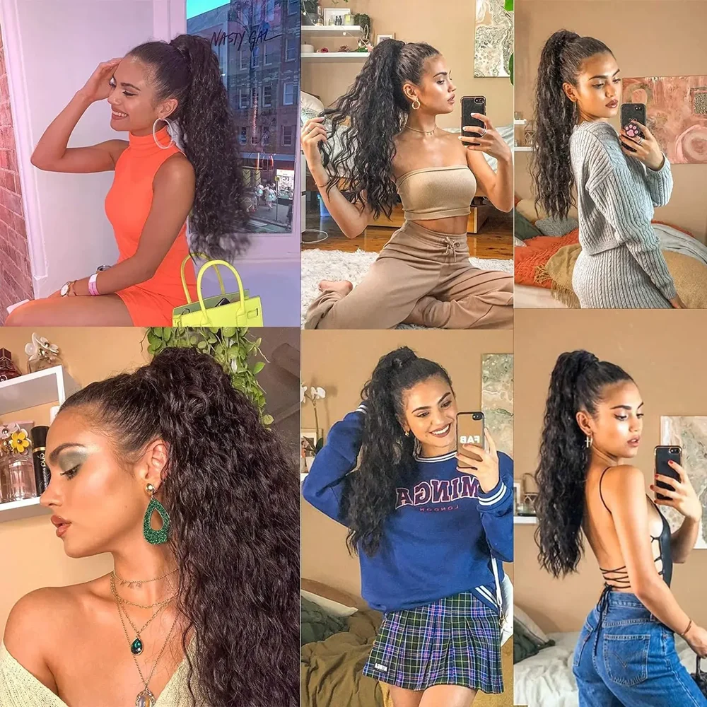 22 pouces maïs ondulé longue queue de cheval postiche synthétique envelopper sur pince pince à cheveux Ombre brun blond Extensions de cheveux queue de cheval coiffure