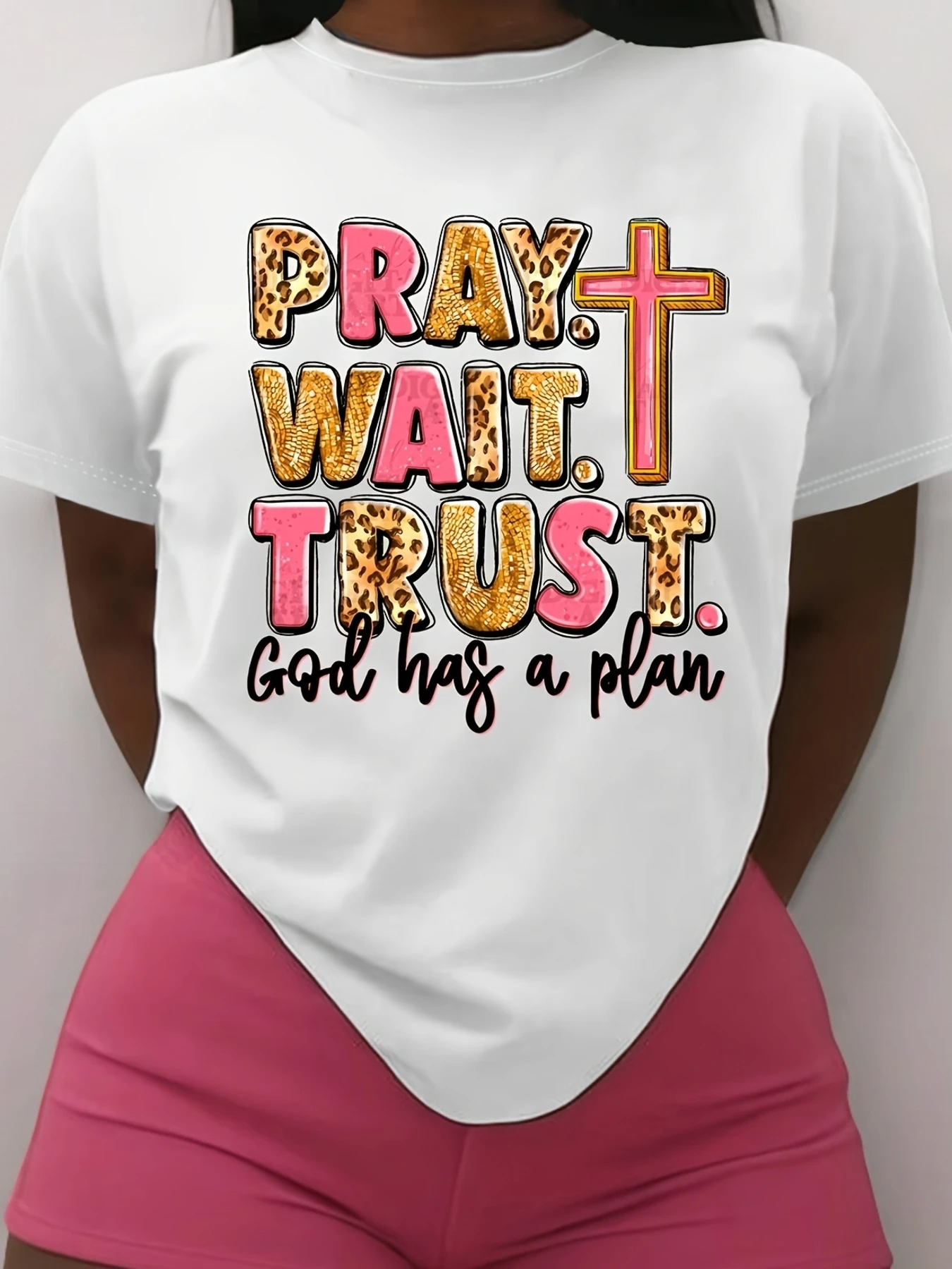 

Women's "Pray. Wait. Trust. God Has a Plan" Inspirational T-Shirt - Casual Crew Neck, Short Sleeve, Soft Knit, Regular Fit