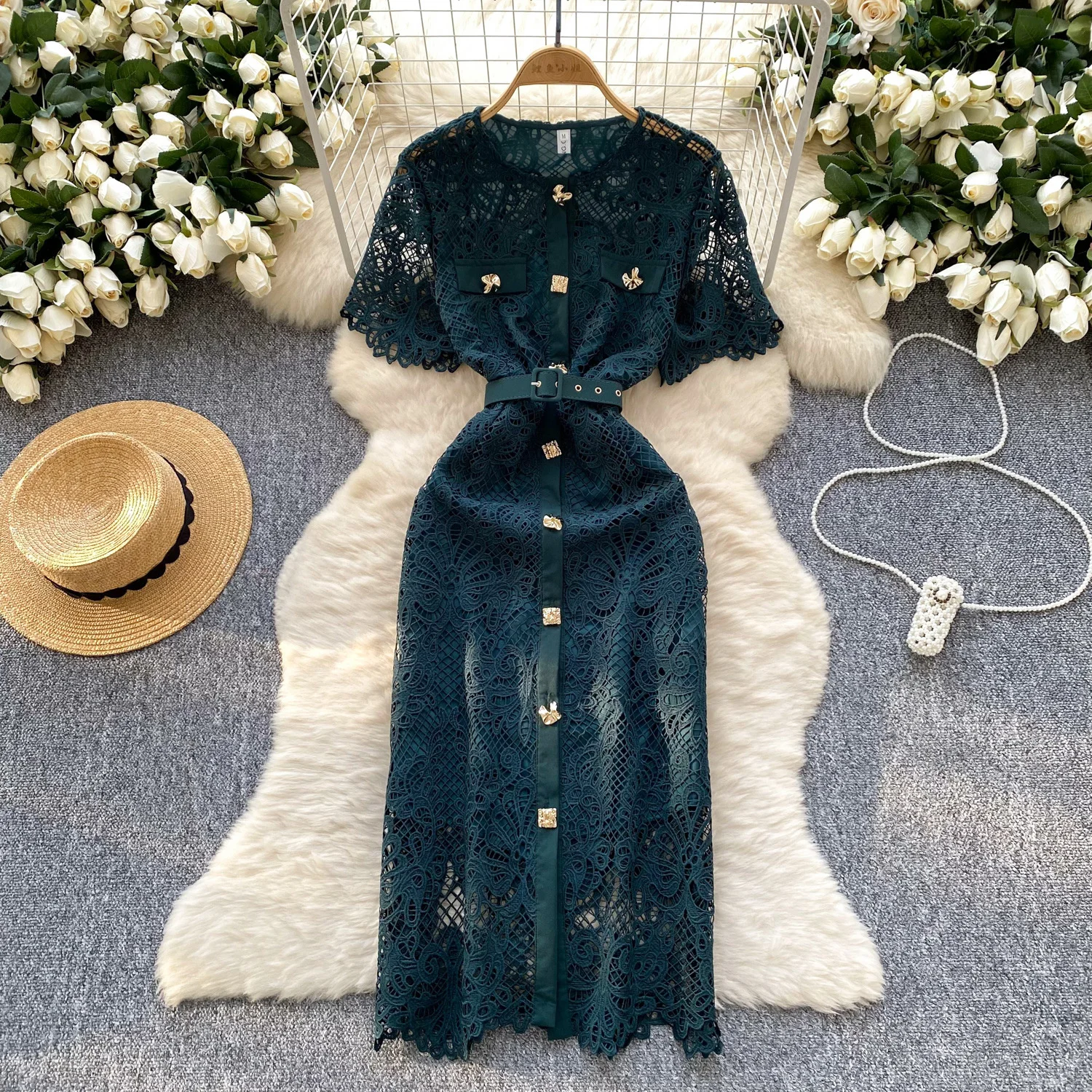 

Elegant Embroidery Lace Hollow Out Evening Dresses Women Summer Holiday Single Breasted Crystal Sheath Bodycon Midi Dress Green