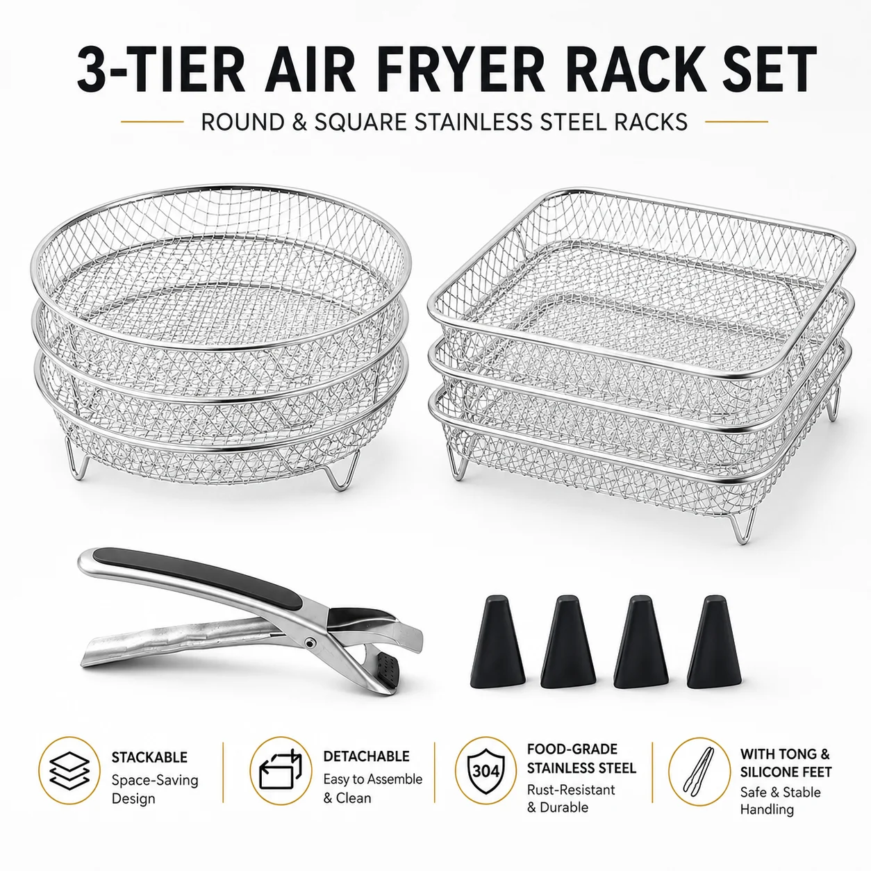 3/8 PACK Air Fryer Rack Set With Silicone Feet And Gripper Tongs Stainless Steel Dehydrator Stand Oven Accessories