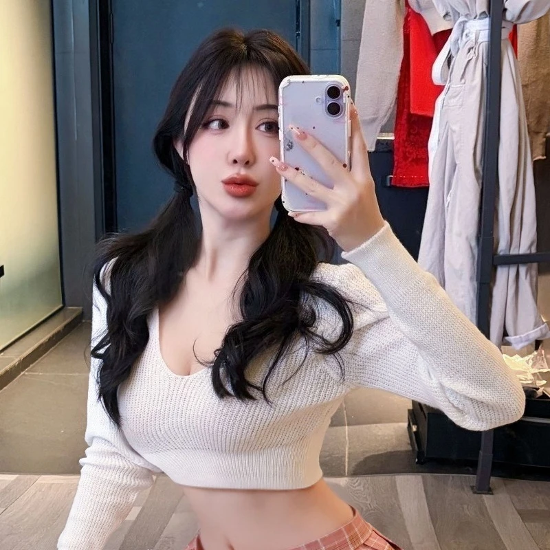 Women's Cropped Knit Sweater, JK Style V Neck Long Sleeve Y2K Coquette Preppy Casual Party Streetwear Stretchy