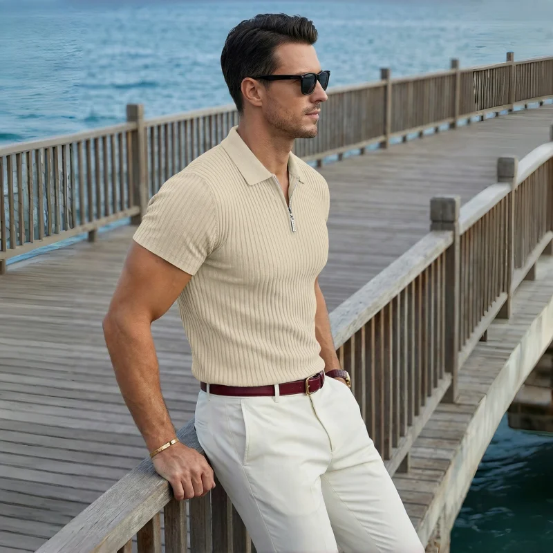 CHREIFIT Men's Ribbed Zip Polo Shirt Short Sleeve Slim Fit Casual Business Summer Top for Europe US UK Germany France Italy