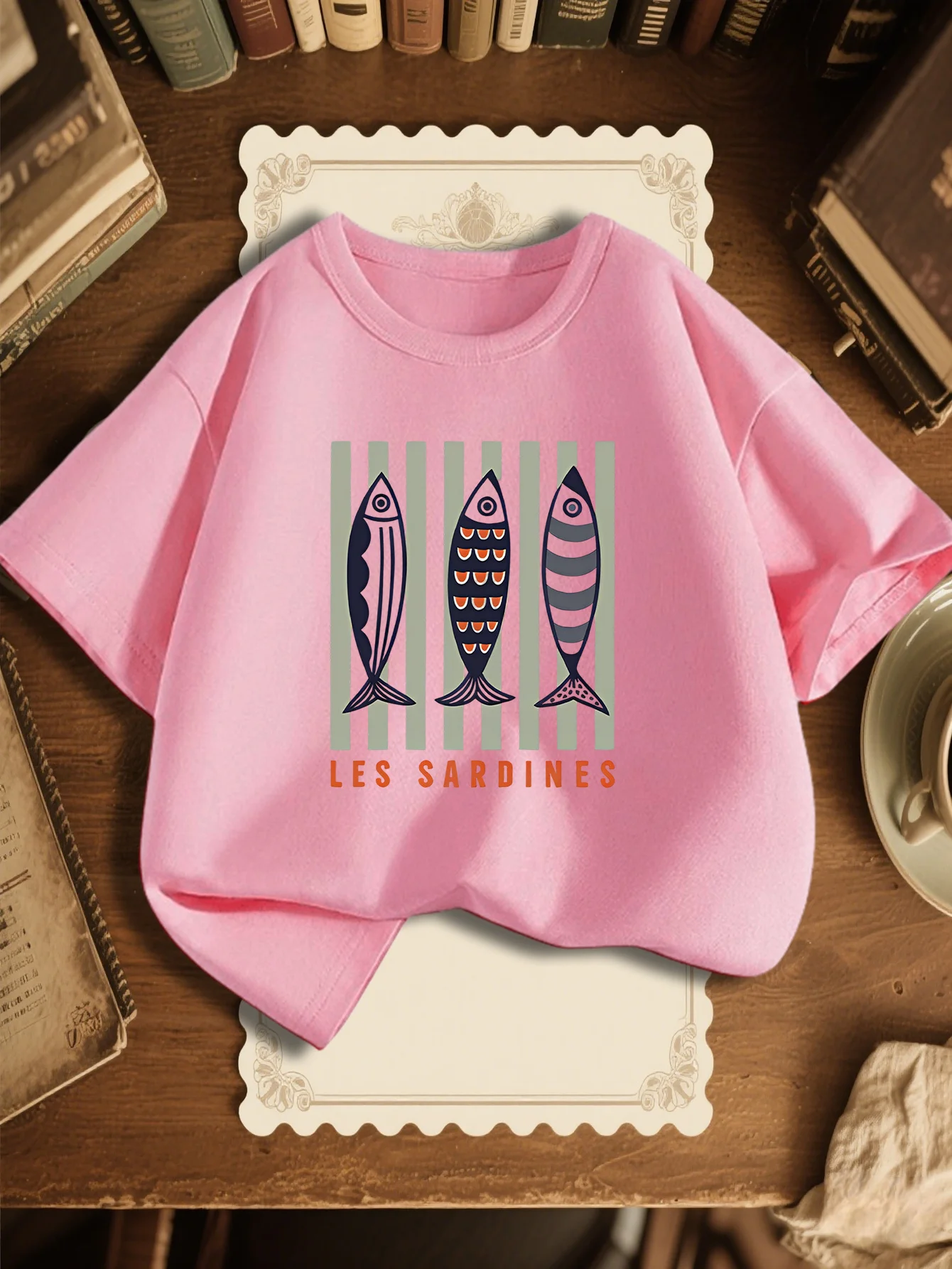 Family Matching Tee Vintage Sardine Stripes Pattern Boys Girls Soft Short Sleeve Parent Kid Ocean Daily Clothing Tops