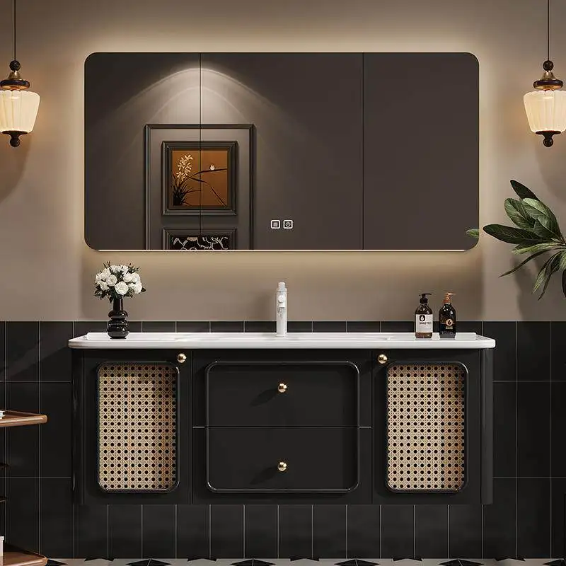 French retro bathroom cabinet combination ceramic integrated basin washing table household bathroom solid wood sink