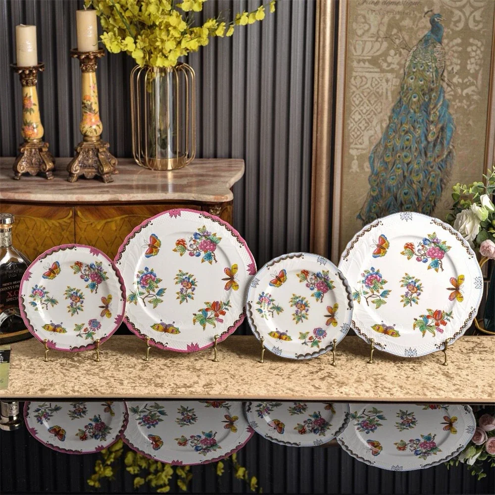 Hungarian Ceramic Size Plate Butterfly Flower Printed Kitchen Supplies Home Western Food Plate Set Gift Box Set Tableware