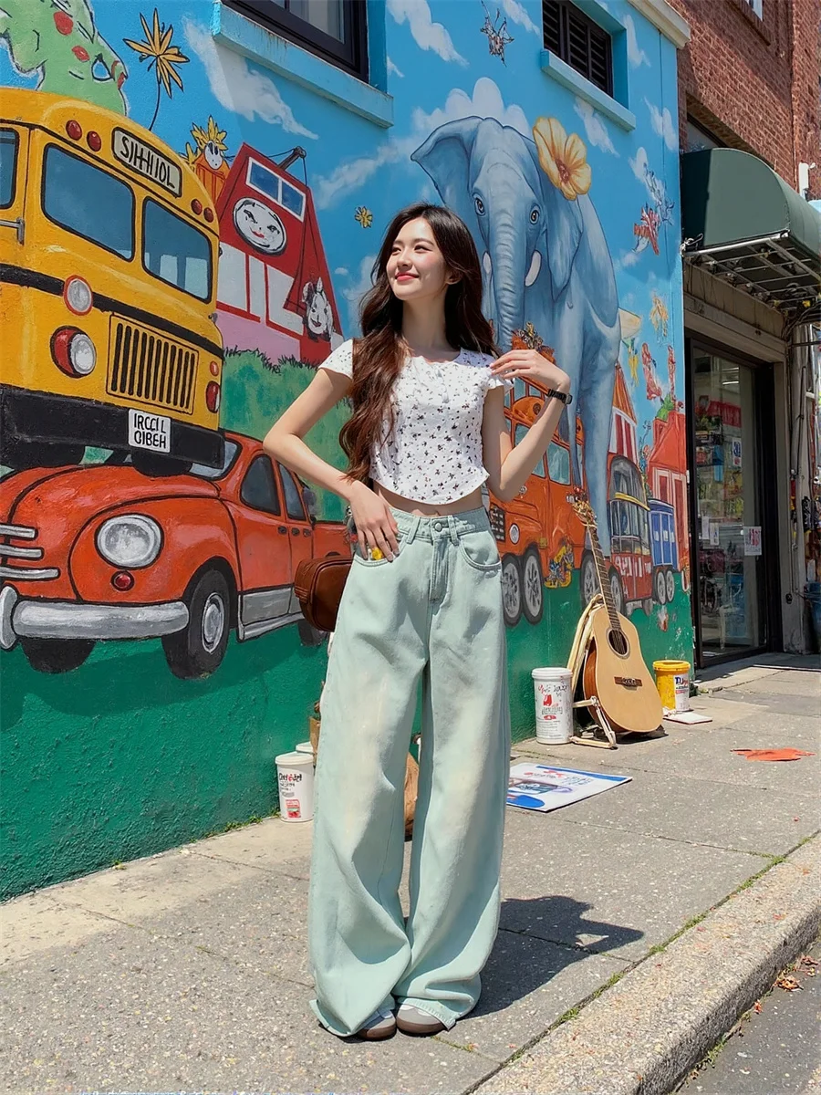 Damskie jeansy z szerokimi nogawkami, postarzane, z panelami, plisowane, łączone, w stylu koreańskim, eleganckie, drapowane, o długości do podłogi, typu barrel.