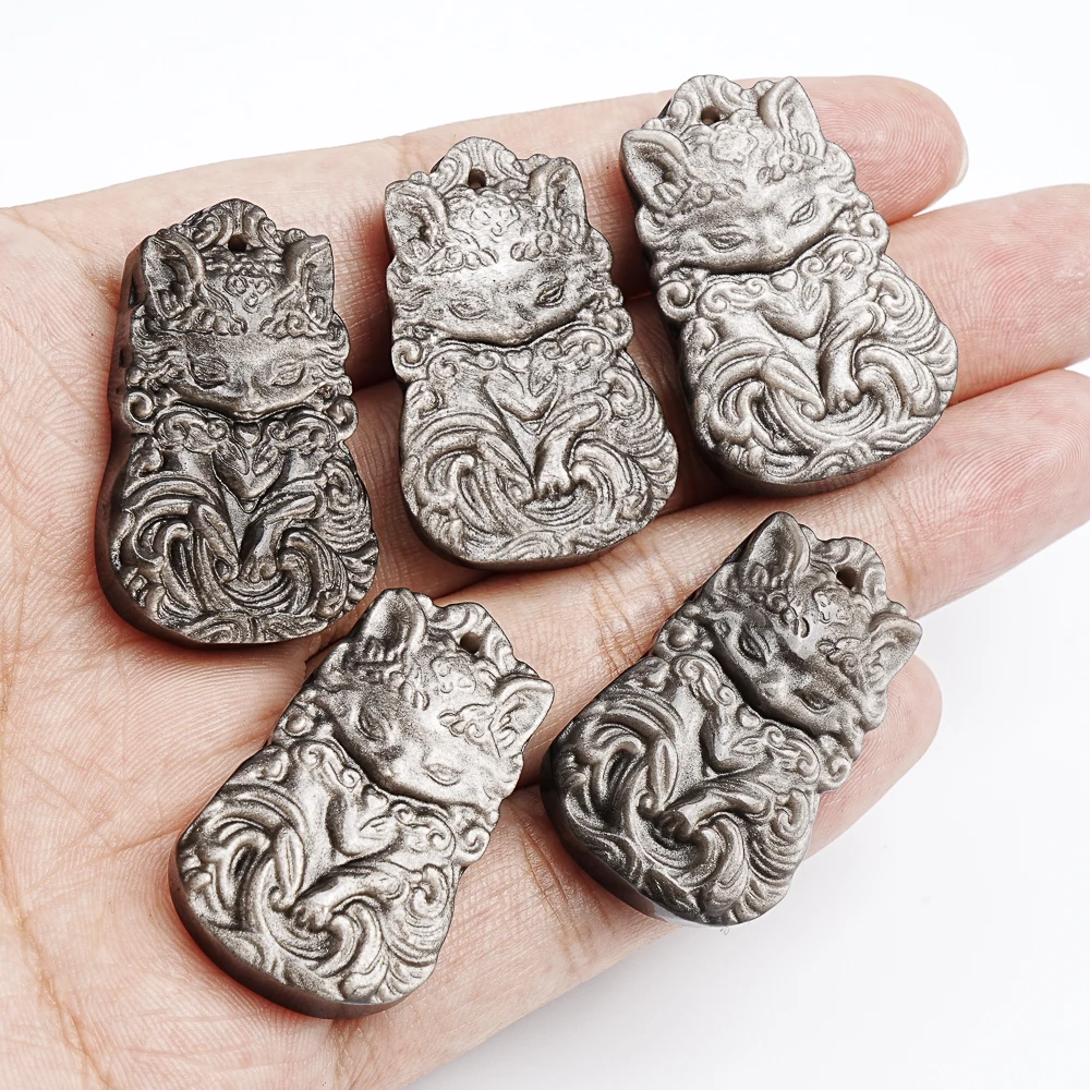 

Natural Moonlit Silver Obsidian Hand Carved Fox Deity Pendant 37x23x8mm For Jewelry Necklace Making DIY Accessories