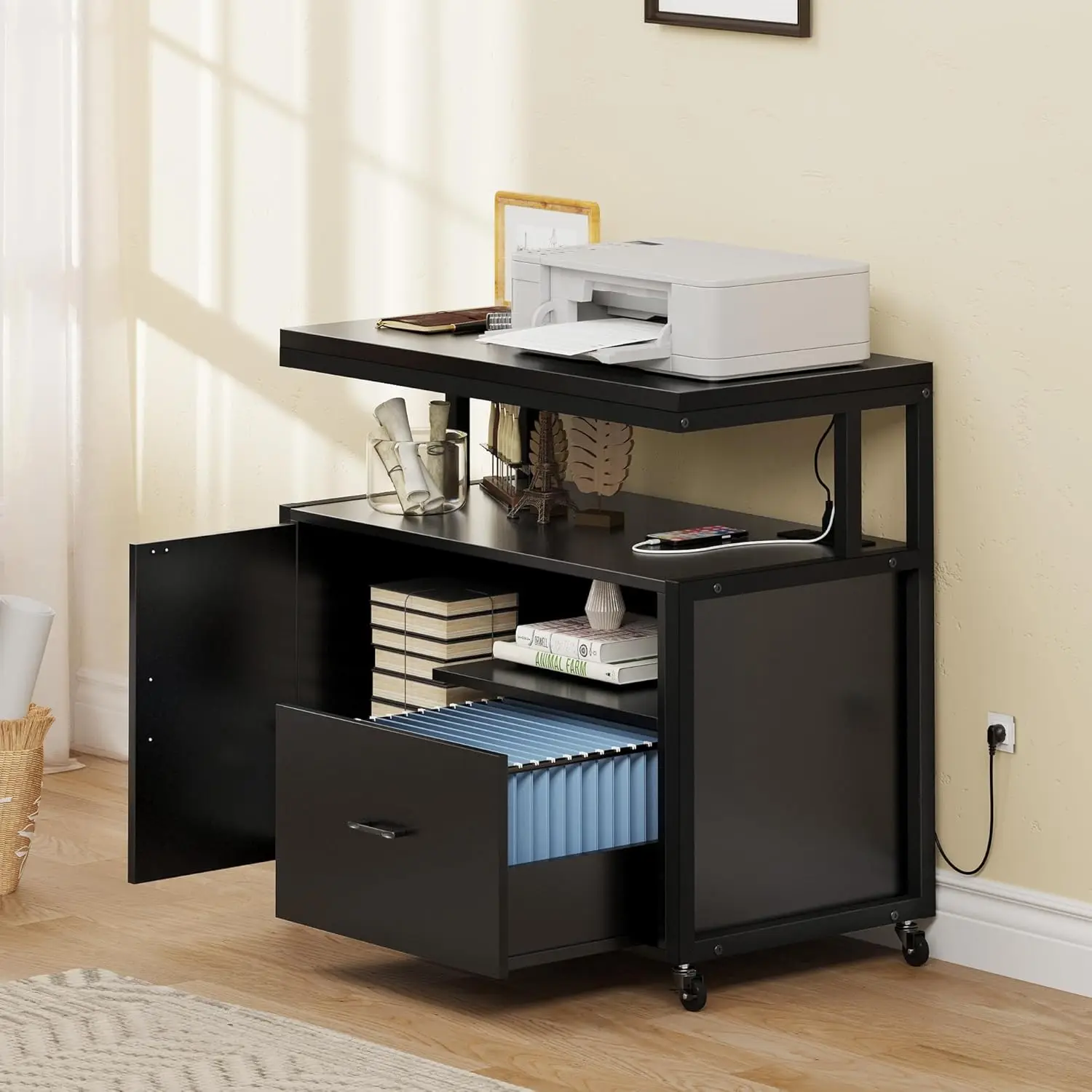 

Wood File Cabinet with Charging Station, Rolling Filing Cabinet Cart with Door, Industrial Nightstand with Printer Shelf for