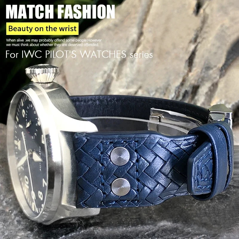 

22mm 21mm Cowhide Woven Watchband Fit for IWC Big Pilot's Watches TOP GUN IW3777 IW5007 Blue Soft Leather Riveted Watch Strap