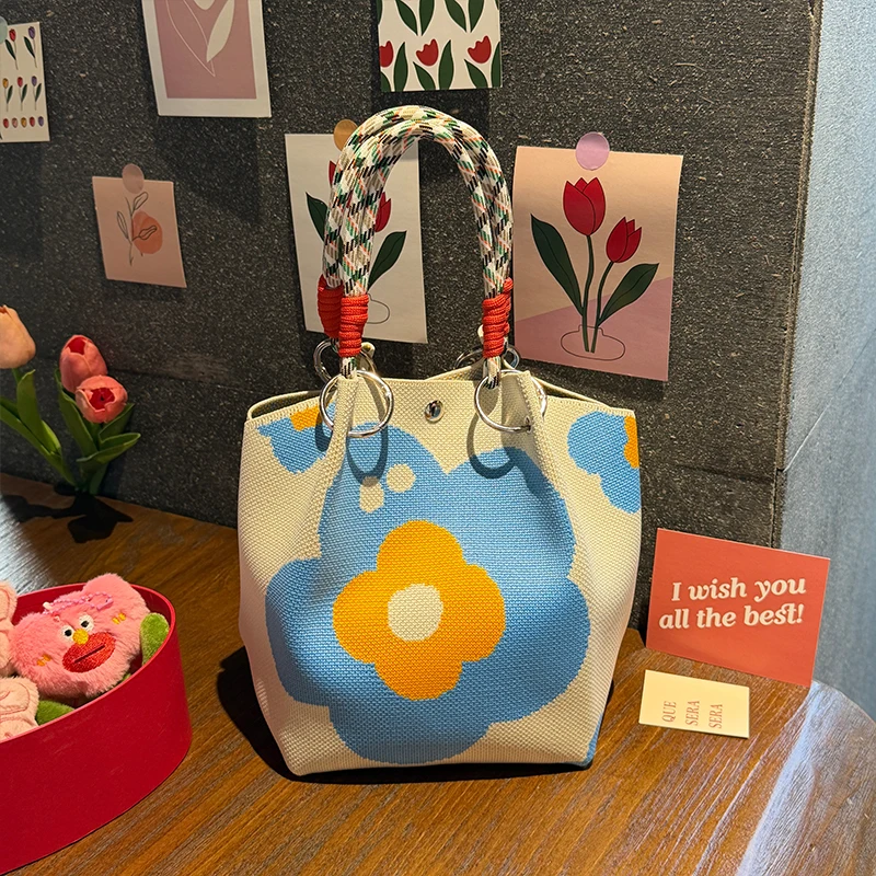 Beautiful Floral Knitted Handbag, High-Quality, Eco-Friendly, with Chinese Blessing Messages, Gift Bag, Multifunctional, Large Capacity Tote Bag, Suitable for Gifting to Family, Friends, Classmates, Holiday Shopping, Fashionable Handbag, Daily Casual Outing, Carrying Essentials, Women's Bag