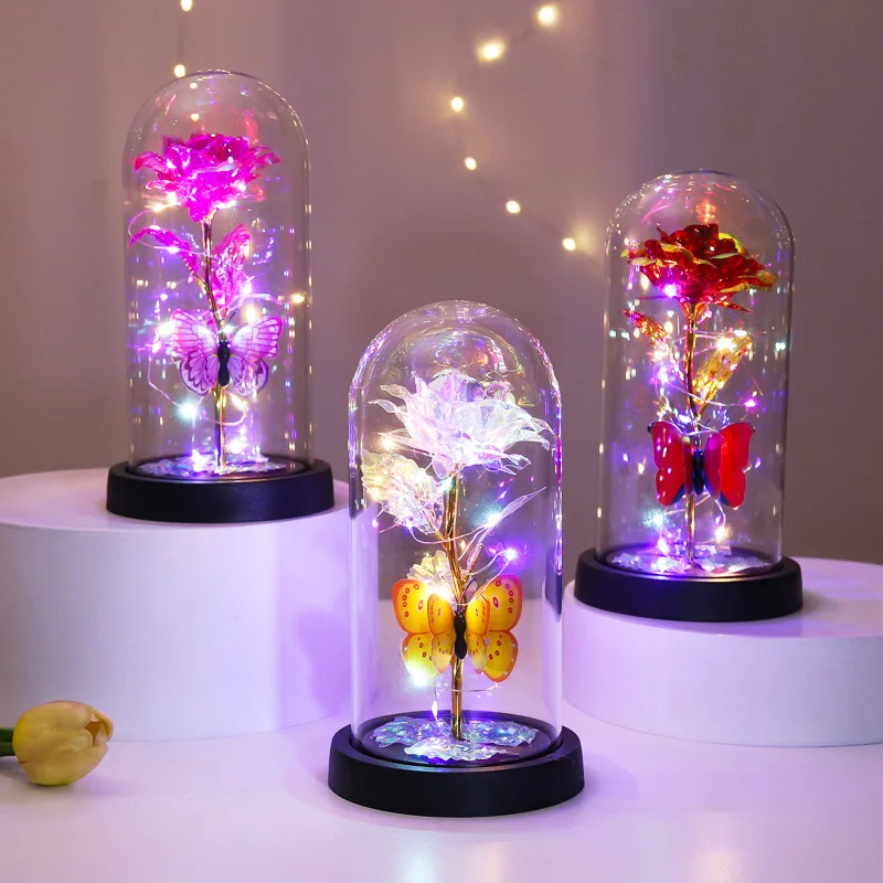 Glass Cover Rose Immortality Flower with Lamp Qixi Valentine's Day Gift Creative Decoration Decorations