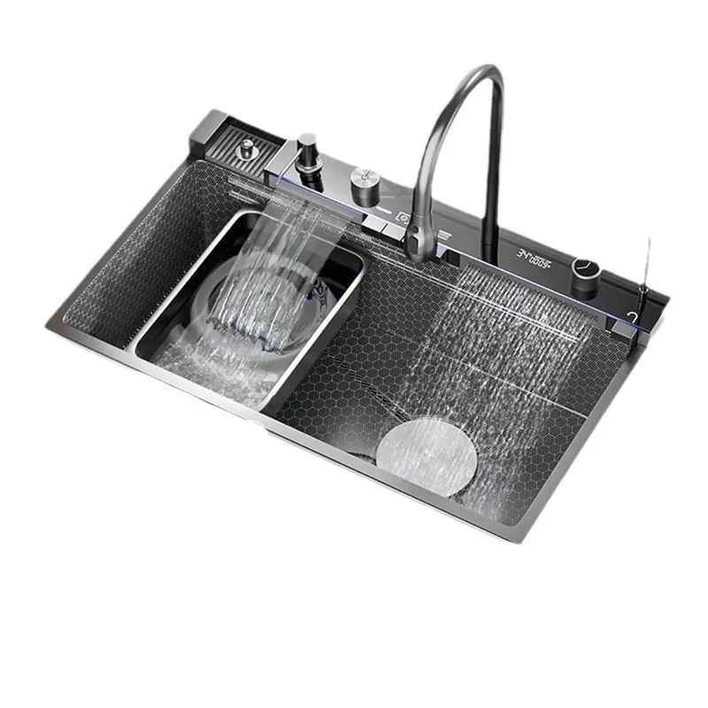 

JOMO Thickened Kitchen Digital Display Whale Flying Rain Sink Large Single Slot Waterfall Nano Honeycomb Stainless Steel Vegetab