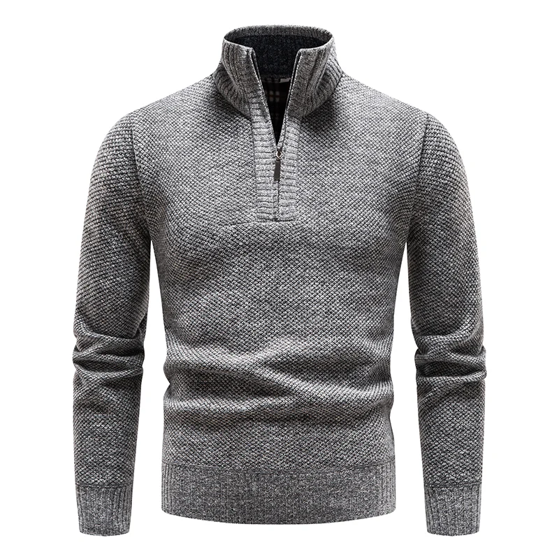 New Winter Fleece Sweater Pullovers Men Thick Warm Knitted Pullover Slim Mock Neck Sweaters Half Zipper Solid Mens Pullovers