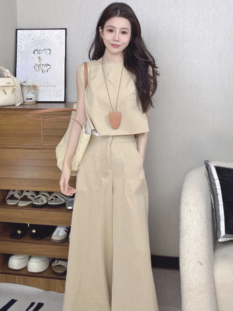 

Летний наряд Ele, женский топ без рукавов и широкие брюки, комплект из двух предметов, повседневный комплект с круглым вырезом из полиэфирного волокна