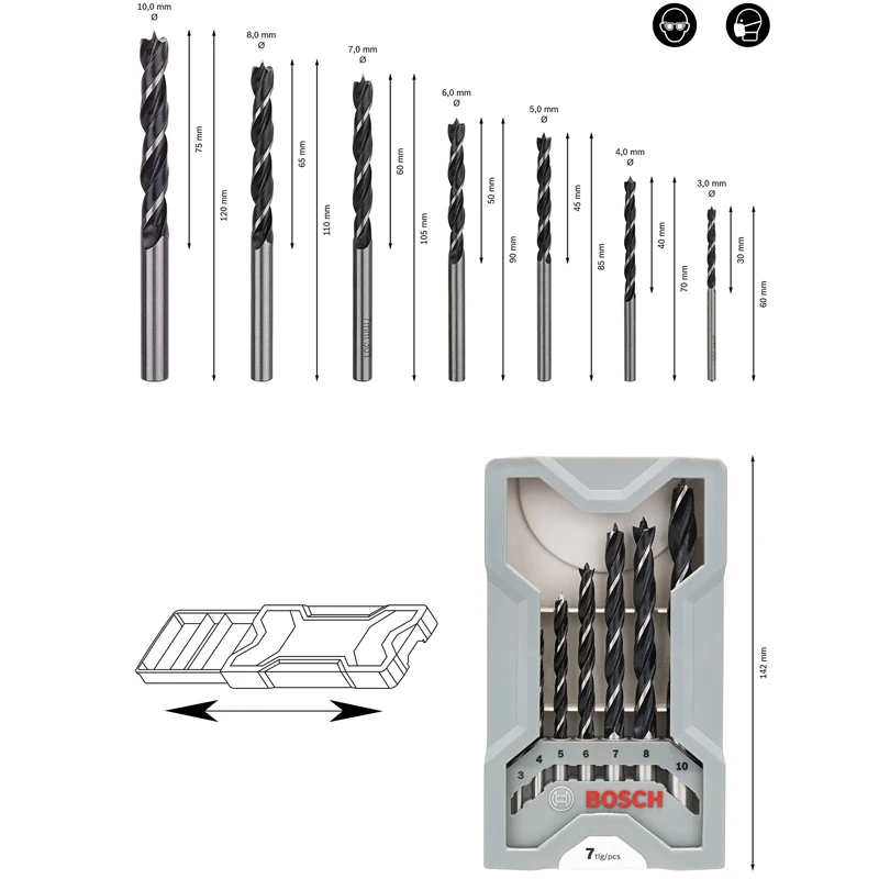 Bosch 2607017034 3/4/5/6/7/8/10mm X 프로 우드 드릴 비트 세트 지적 목공 트위스트 드릴링 비트 7Pcs [에너지 클래스 A]