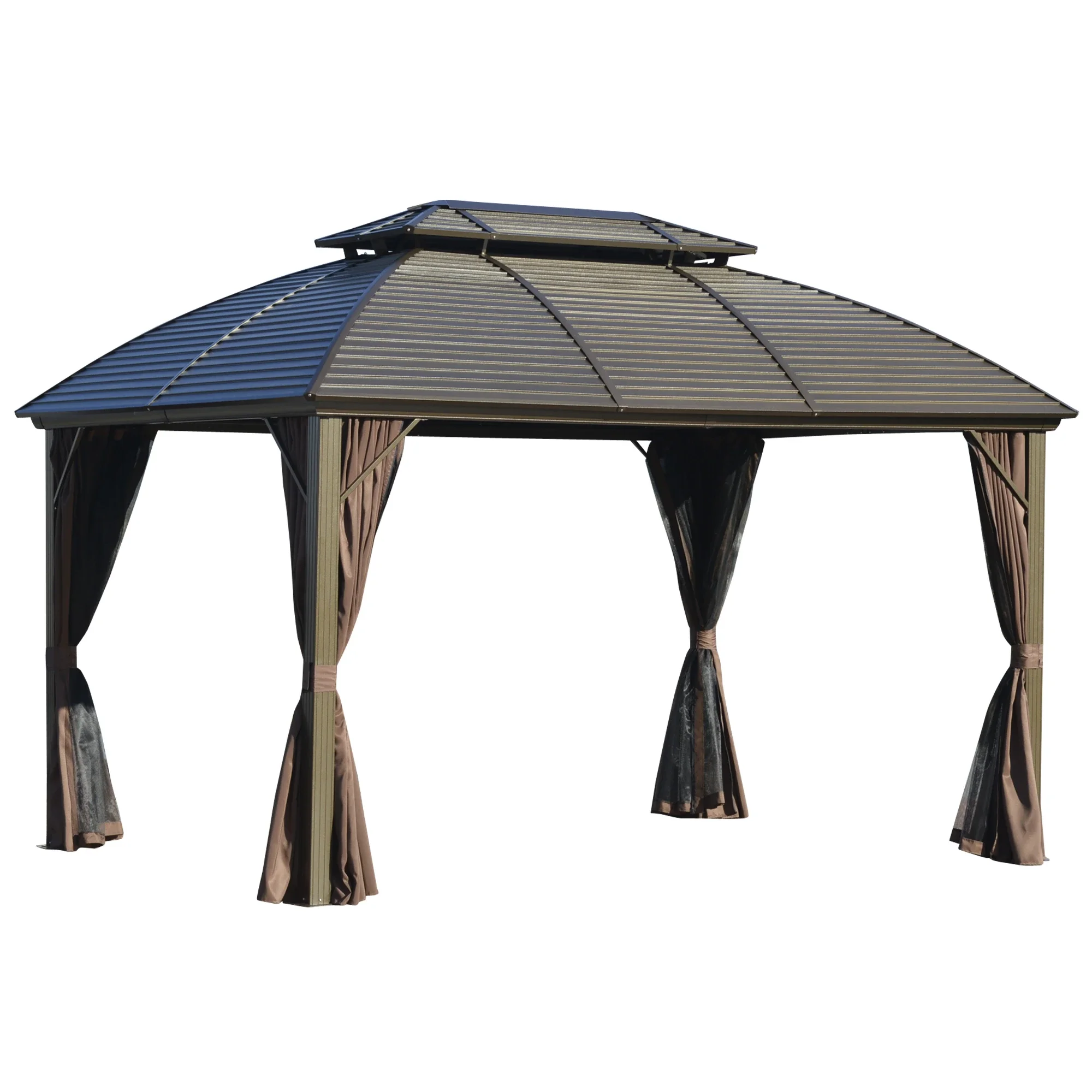 10' X 12' Hardtop Galvanized Steel Double Roof Gazebo Canopy 3x4M Outdoor Pavilion Netting Curtains Aluminum Frame Pergola