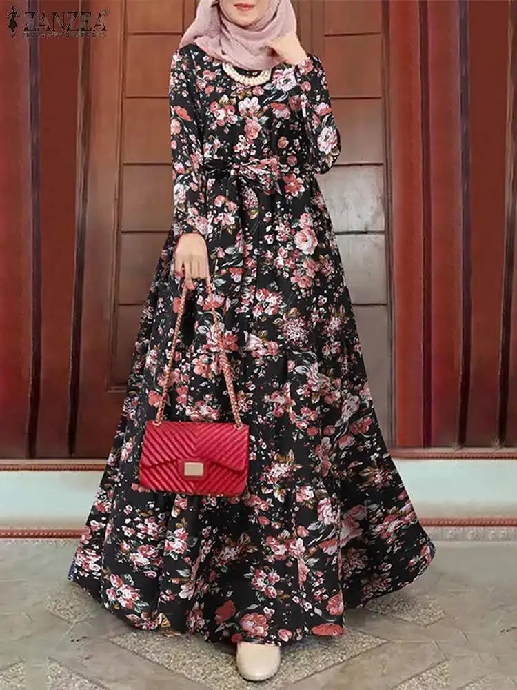 Elegant Floral Muslim Dress ZANZEA Turkey Abaya Hijab Vestidos Women Fashion Robe Bohemain Printed Sundress Islamic Clothing