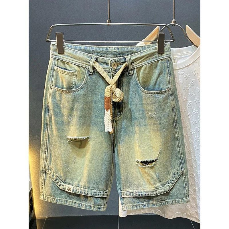 Summer Retro Washed And Perforated Breathable Denim Shorts Men Straight Fit Loose Fitting Casual Split Cotton Ripped Jeans