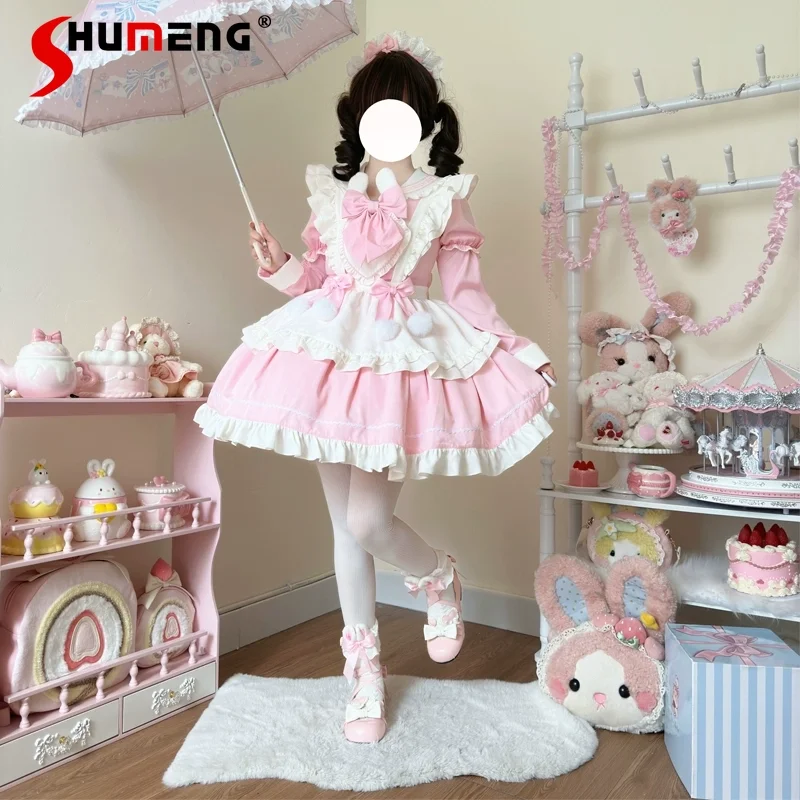 

Girls Lolita Pink Long-sleeved Short-sleeved Dress Women's Sweet Bow Kawaii Short Birthday Party Dress 2025 Spring and Summer