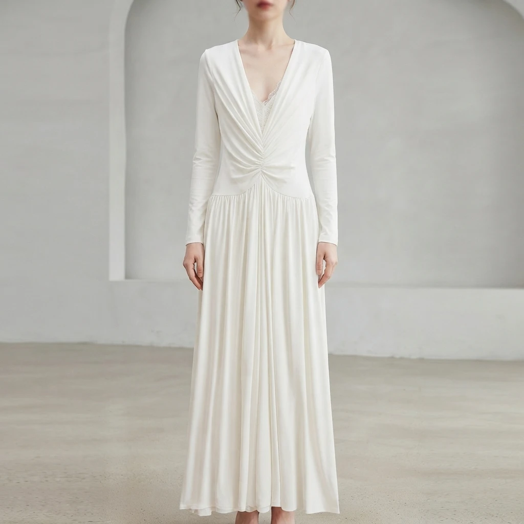Purely seductive, sexy deep V-neck lace-spliced pleated waist-hugging slim-fitting elegant long-sleeved dress