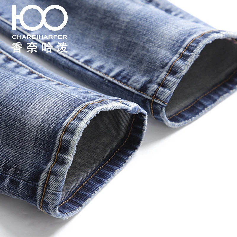 PW656  cheiharper 100 street style blue ripped jeans for men, slim fit and elastic denim pants with rhinestones