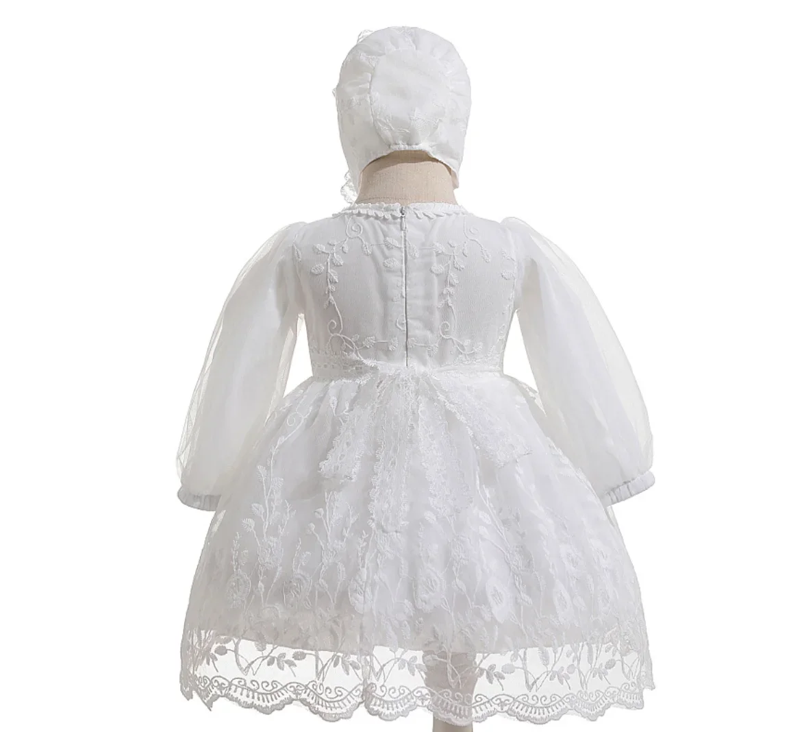 1st Birthday Party Dresses For Girl Newborn Autumn White Lace Princess Baby Baptism Dress With Hat Infant Christening Ball Gowns