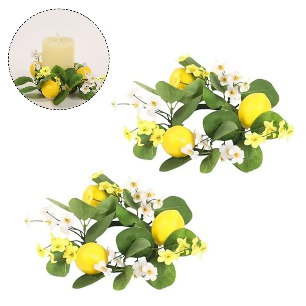 2pcs Lemon Flower Wreath Candle Ring Artificial Leaves Spring Green Garland Pillar Candle Wedding Party Table Centerpiece Decor