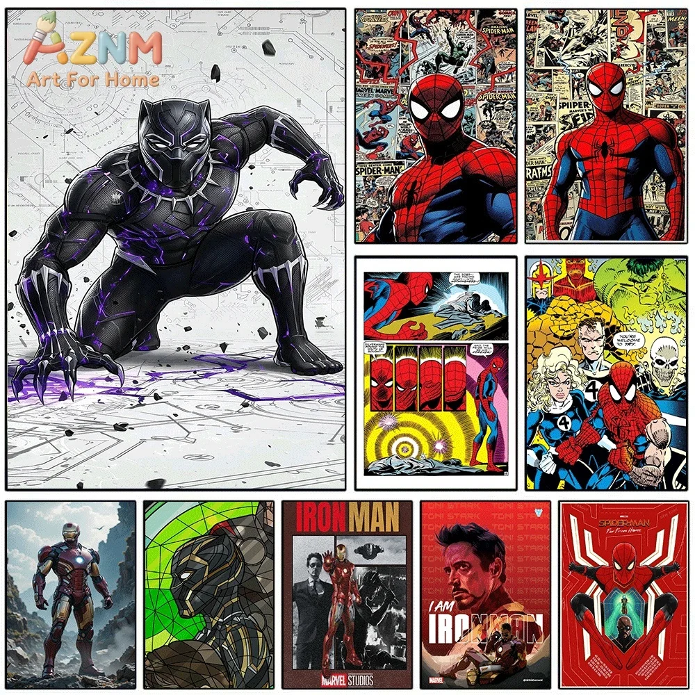 Black Panther Marvel Superhero Canvas Wall Art Spider‑Man Iron Man Retro Comic Book Blueprint Style Unframed Canvas Print for Bo