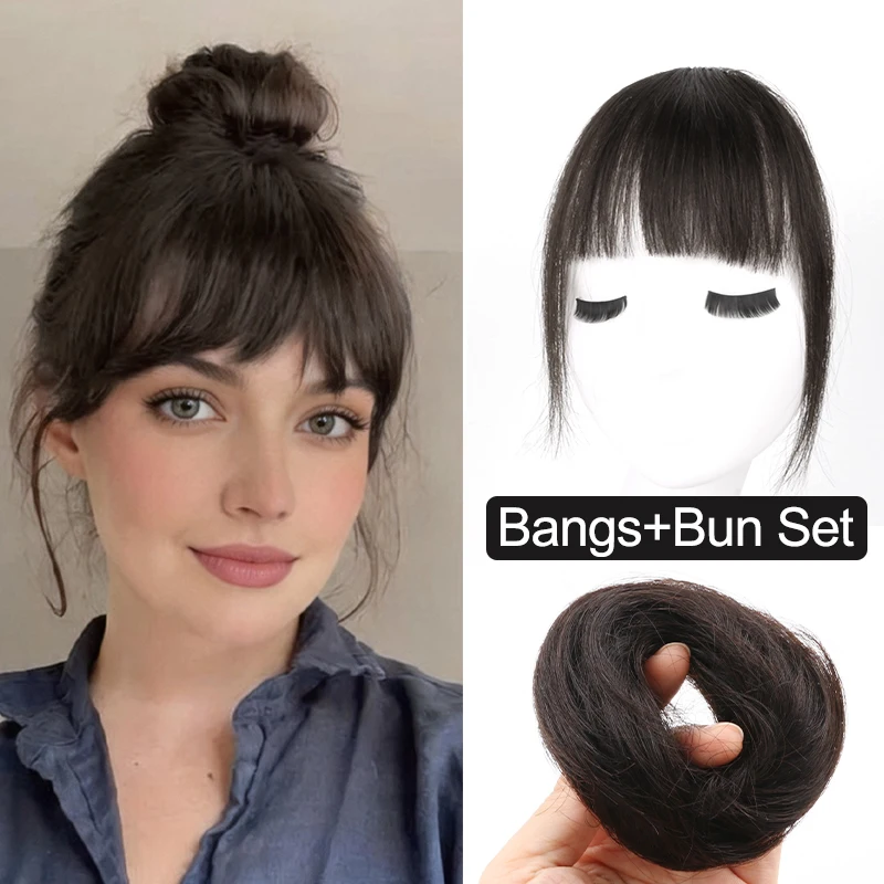

100% Human Hair Blunt Bangs With Updo Bun Set Remy Clip in Fringe Mesh Bun for Women Daily Party Easy To Wear Hair