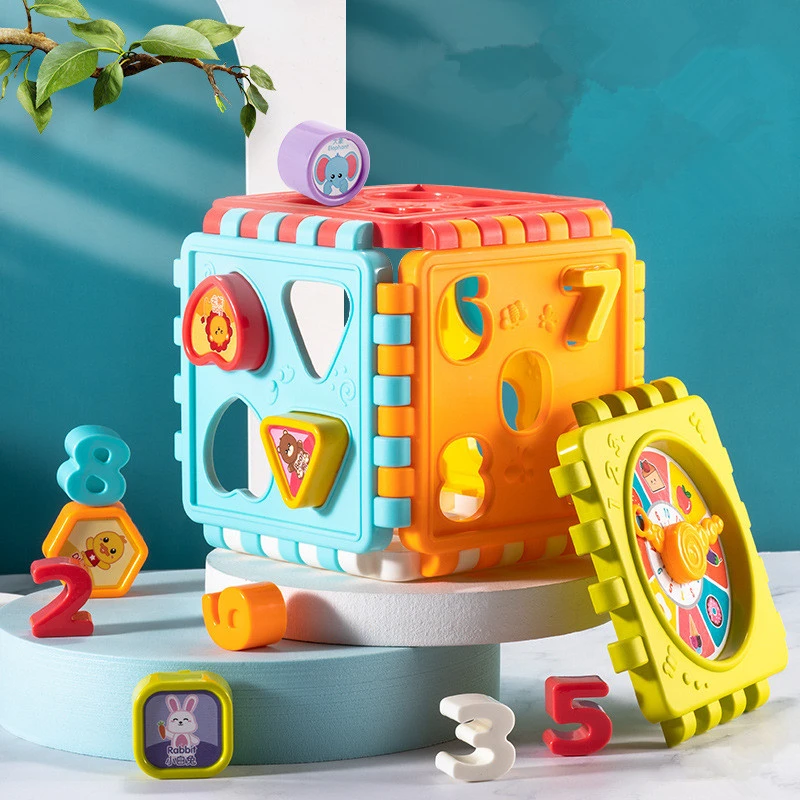 Children's Montessori Game Activity Cube Shape Match Sorter Box Color Number Clock Math Kit Educational Interactive Toys Gift