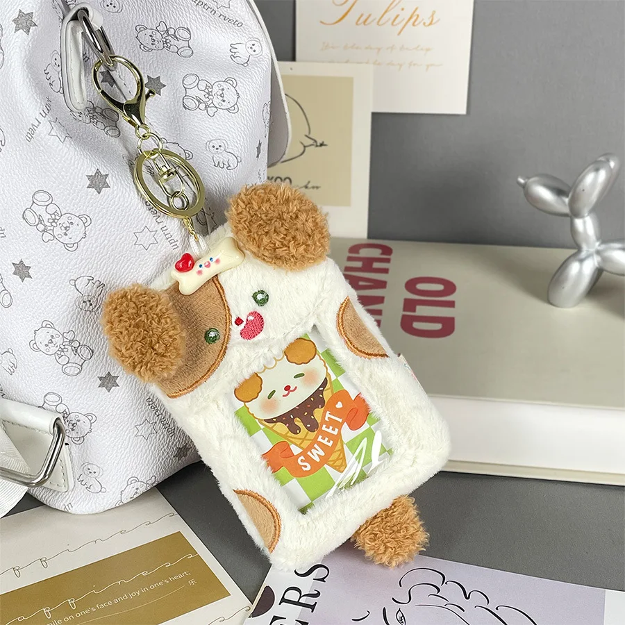 Cartoon Animal Plush Transparent Card Sleeve With Key Chain Love Bean Small Card Display Pendant Student Card Bag
