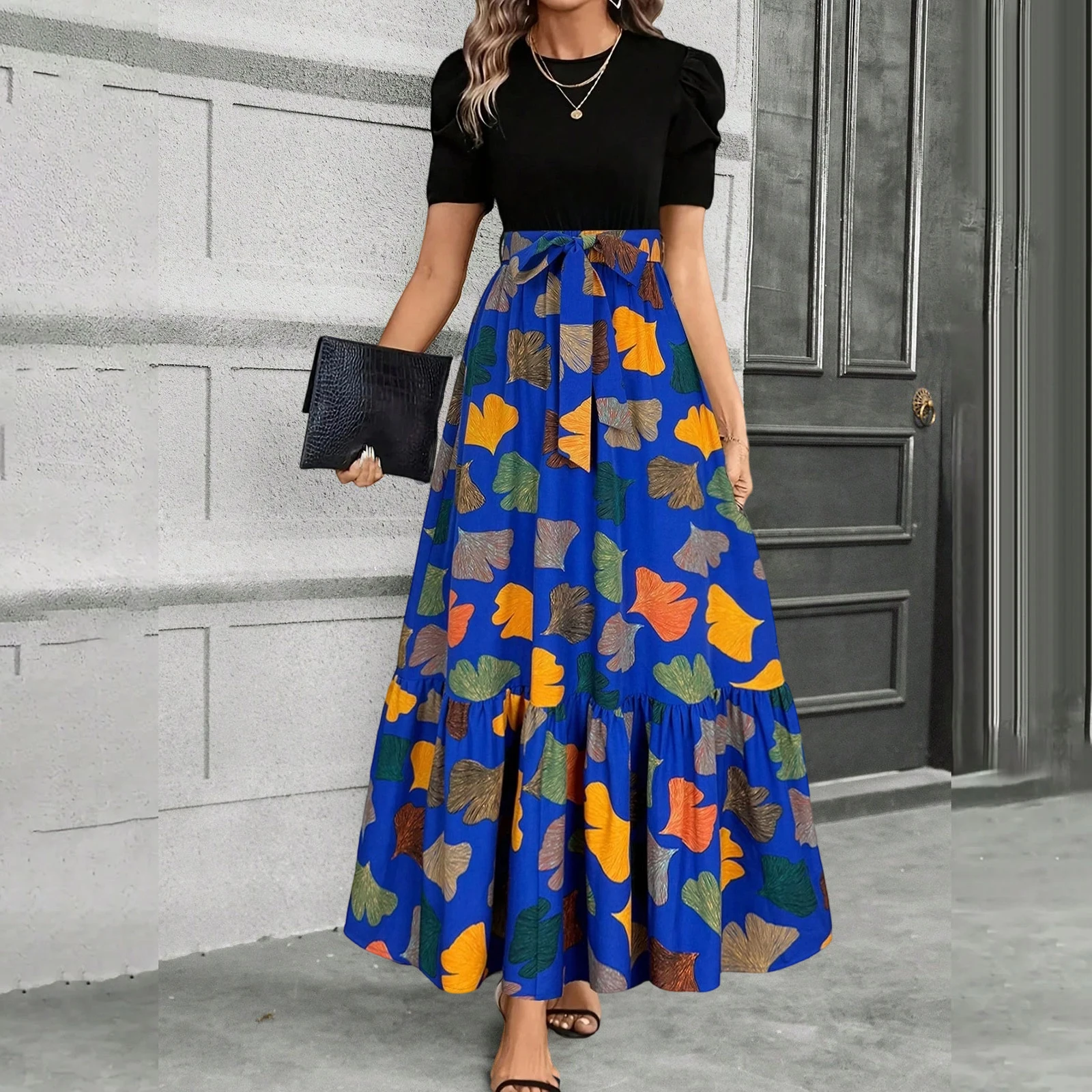 

Women's High-Waisted Belted Dress Casual Round Neck Short Sleeve Retro Floral Print Patchwork Dresses Beach Long Dresses