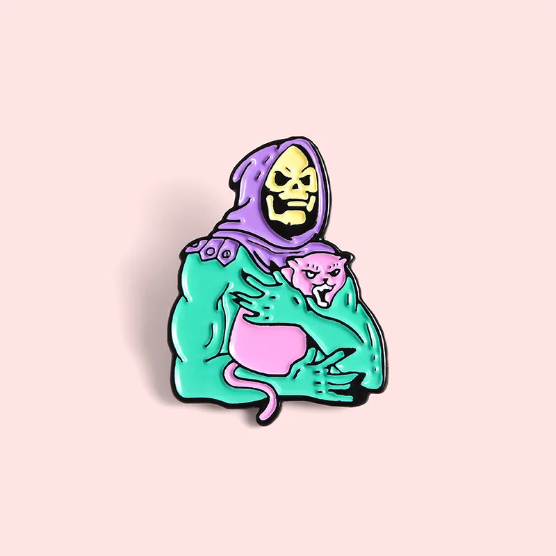 Skeletor purple hood Enamel Pin Skeleton and Cat Badge Brooch Custom Lapel pin for Shirt Hat Bag Gothic Jewelry Gift for friend