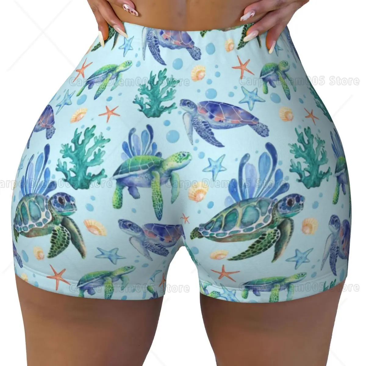 

Женские спортивные шорты с принтом морской черепахи, быстросохнущие шорты с подкладкой для бега в тренажерном зале и карманами