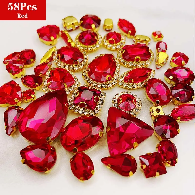 Mix Shape 58Pcs Red Glass Rhinestones, Golden Crystal Buckle, Sewing Accessories, Use for Needlework, DIY Clothing Decoration