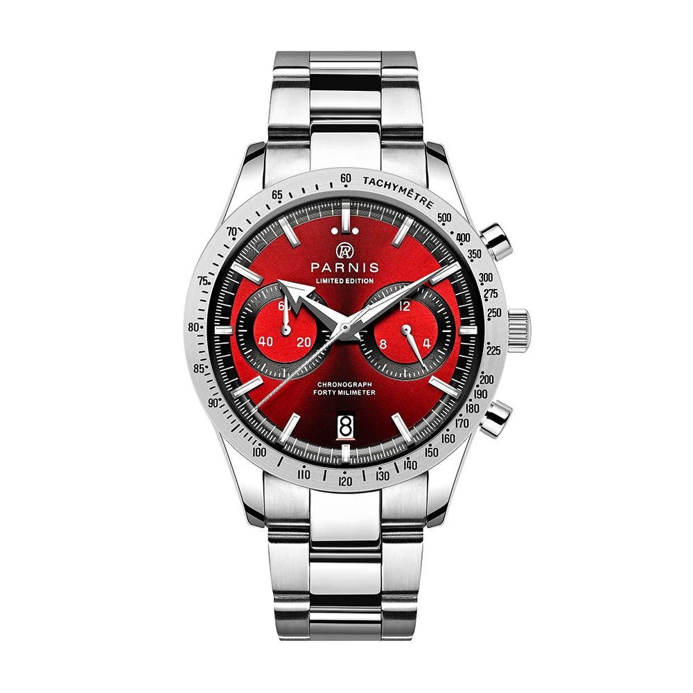 Parnis 40mm Red Dial Quartz Chronograph Men Watch Special Scratch Proof Mineral Crystal Date Indicator Stainless Steel Band