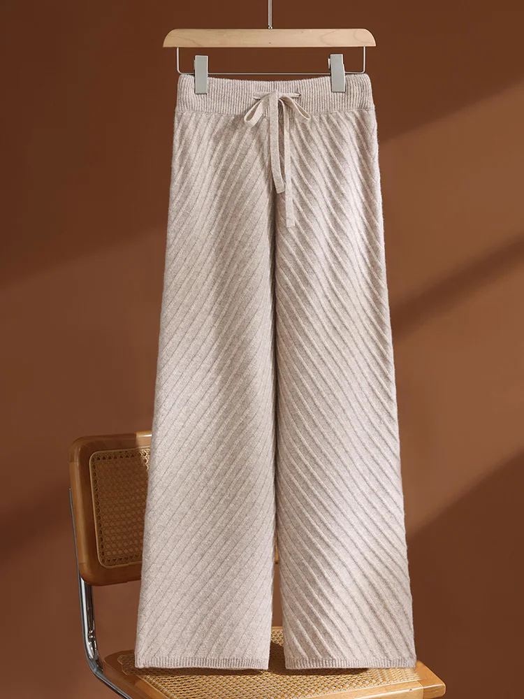 

TLOML Autumn Winter Women's 100% Merino Wool Slant Orchid Wide Leg Pants Cable Knit Thick Soft Warm Cashmere Casual Comfy Pants